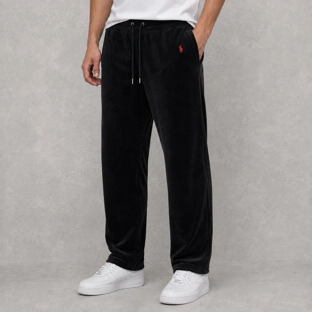 Polo Ralph Lauren Velour Pants Mens Small Black Drawstring Lounge Track Joggers
